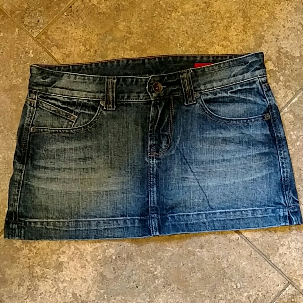 X2 Quality Denim mini skyirt, dark wash.